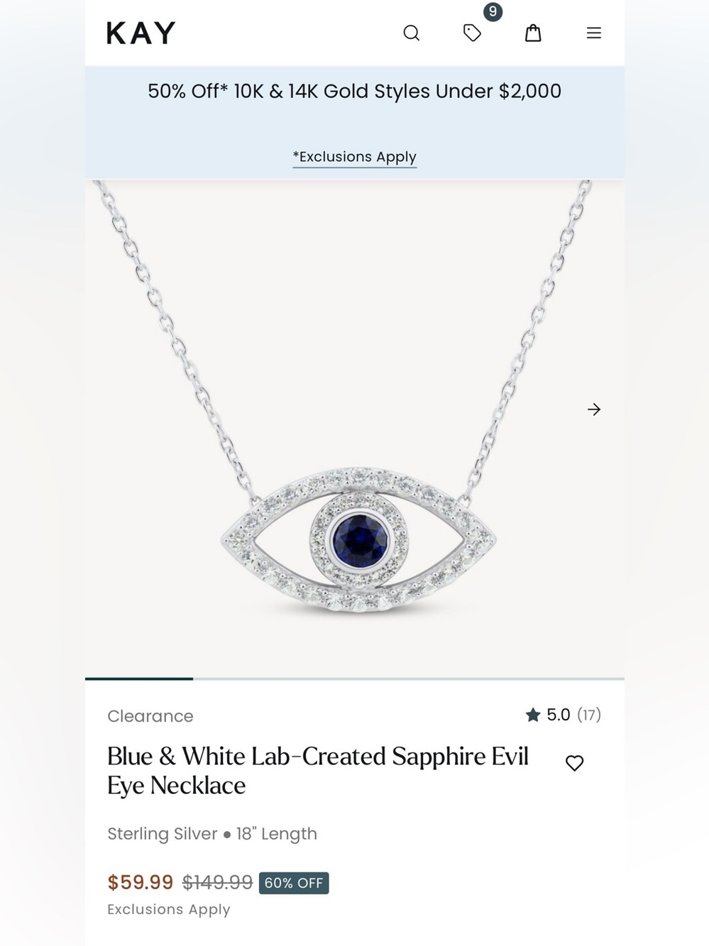Kay Jewelers Sterling Silver Evil Eye Necklace with Blue Center